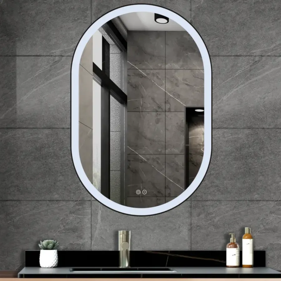 Atlantic badkamerspiegel Dona met verlichting ovaal 90 x 60 cm chroom - met zwarte aluminium rand