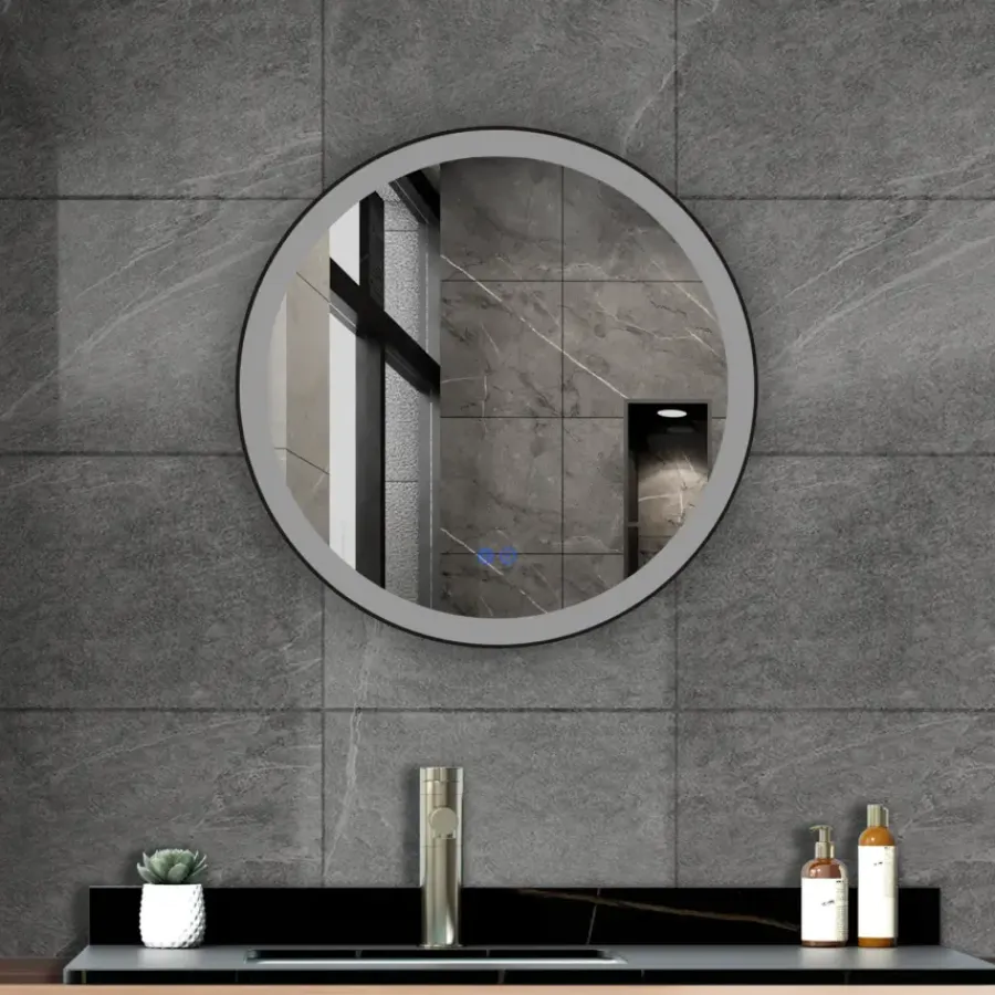 Atlantic badkamerspiegel Janessa met verlichting rond ø 60 cm chroom - met zwarte aluminium rand