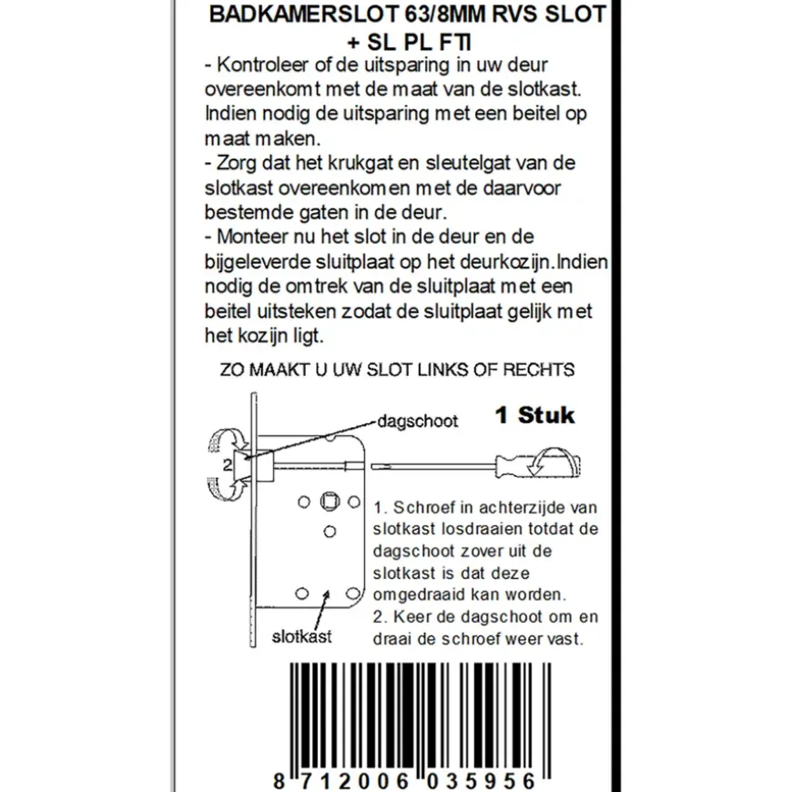 ATZ Insteekslot badkamerslot/wc-slot met RVS voorplaat Doorn 50mm