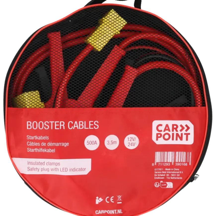 Carpoint startkabel 500A met gele veiligheidsplug met polariteitsaanduiding