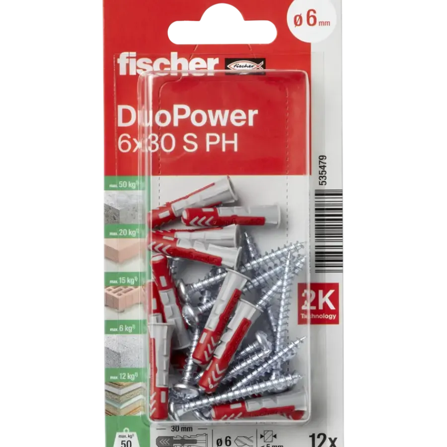 Fischer Universeelplug DuoPower 6x30mm met bolkopschroef 12 stuks