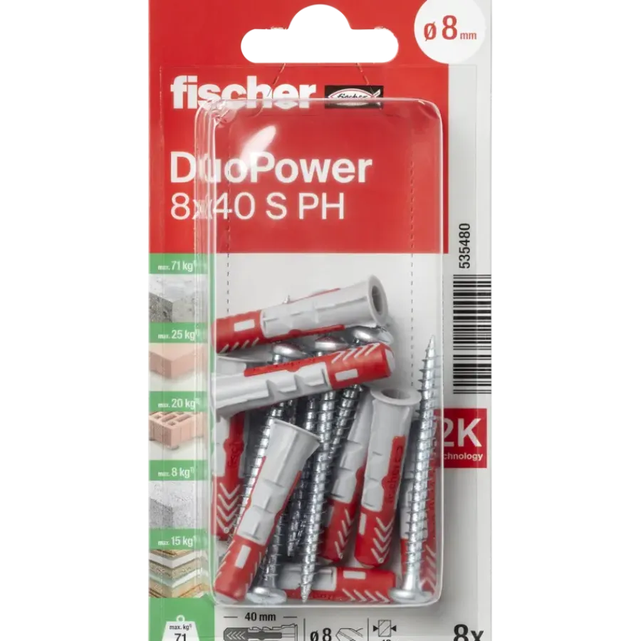 Fischer Universeelplug DuoPower 8x40mm met bolkopschroef 8 stuks