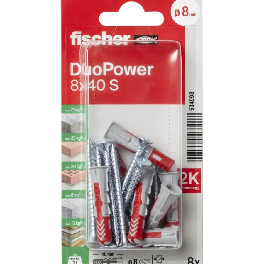 Fischer Universeelplug DuoPower 8x40mm met schroef 8 stuks