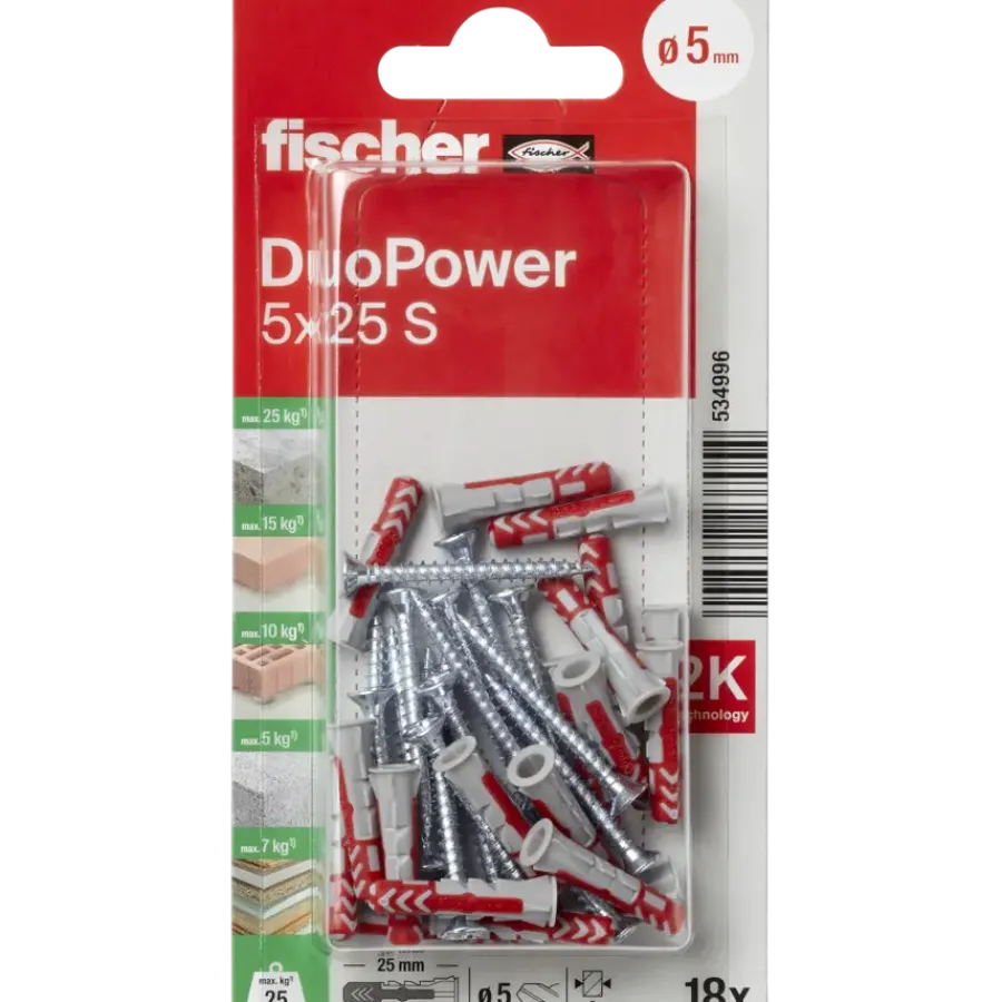 Fischer Universeelplug DuoPower 5x25mm met schroef 18 stuks