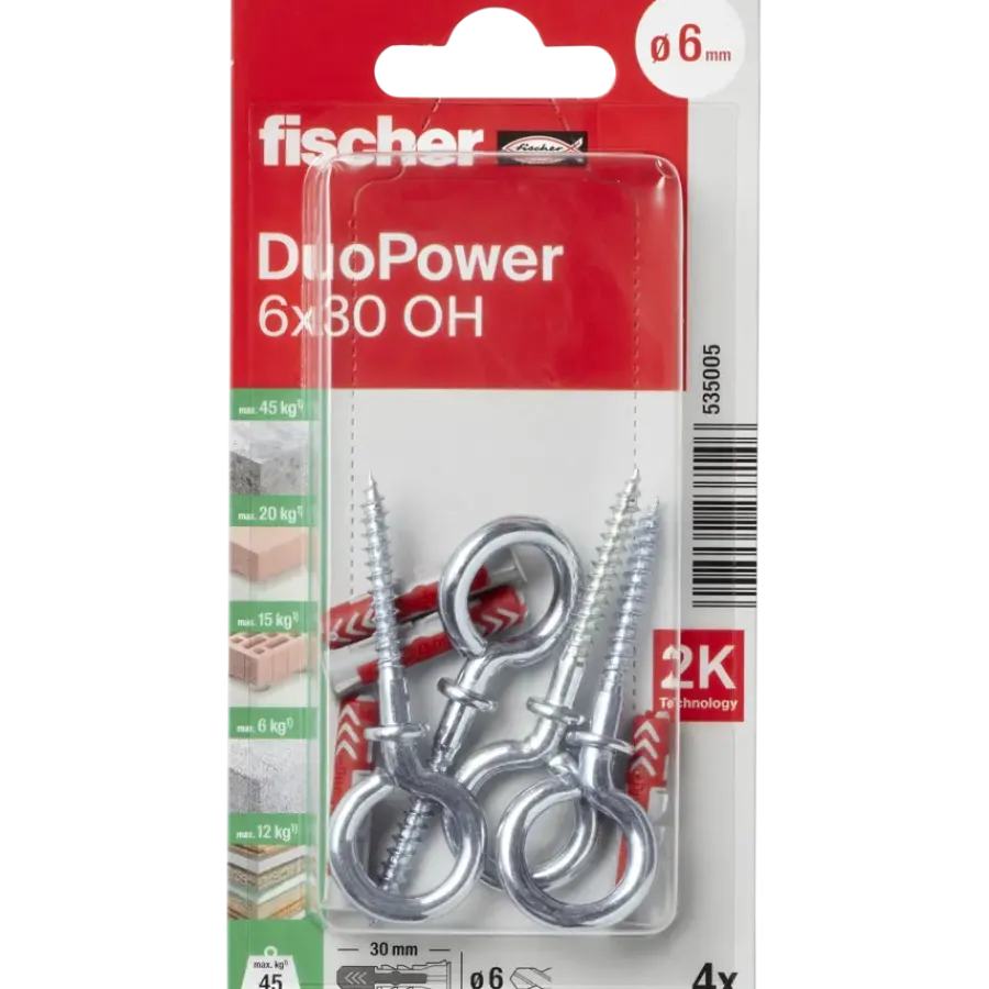 Fischer Universeelplug DuoPower 6x30mm met ooghaak 4 stuks