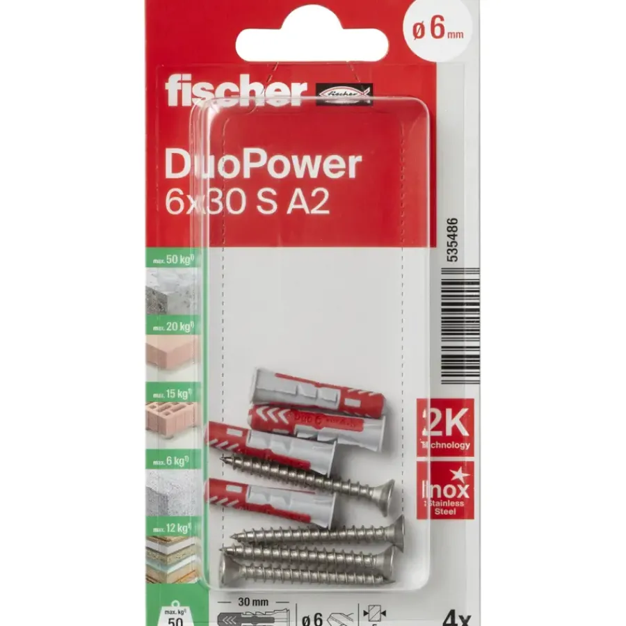 Fischer Universeelplug DuoPower 6x30mm met RVS schroef 4 stuks