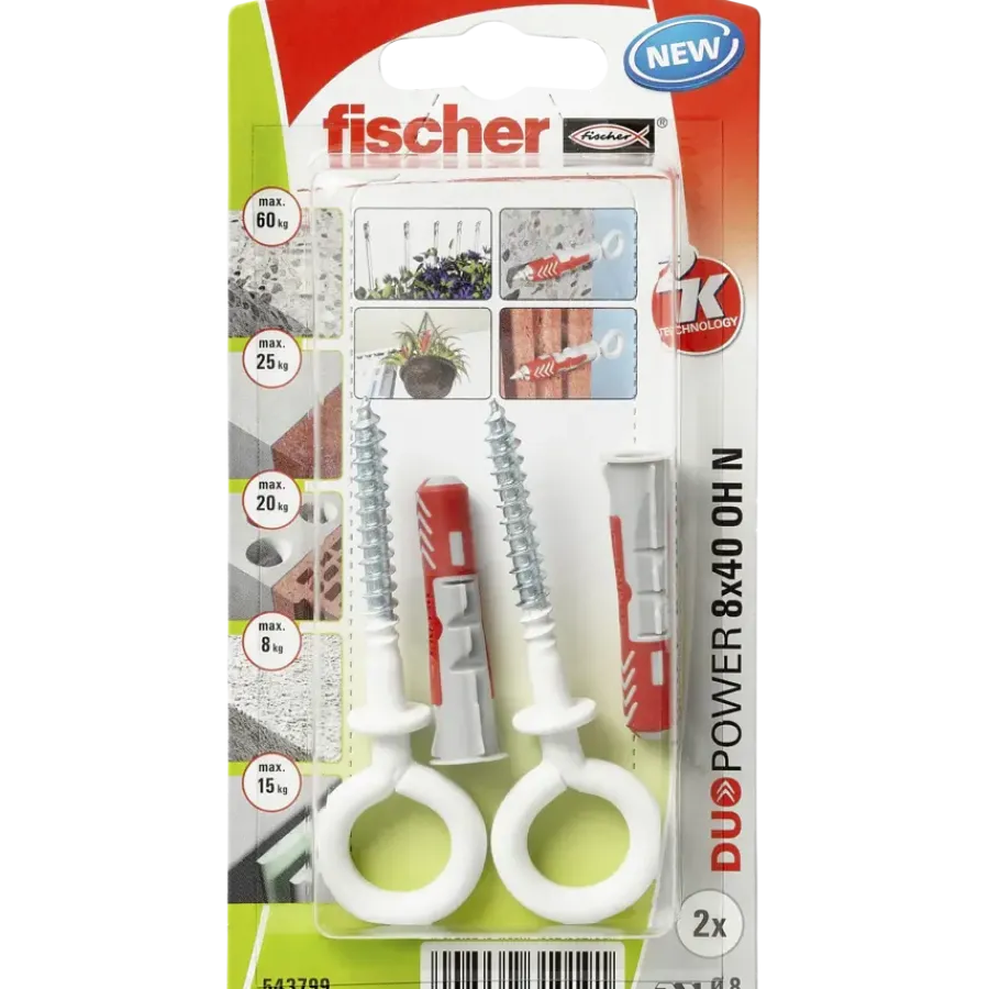 Fischer Universeelplug DuoPower 8x40mm met witte ooghaak 2 stuks