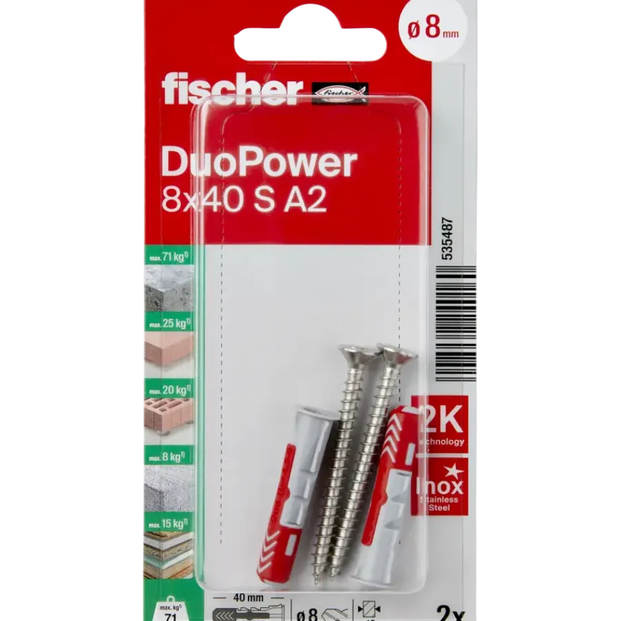 Fischer Universeelplug DuoPower 8x40mm met RVS schroef 2 stuks