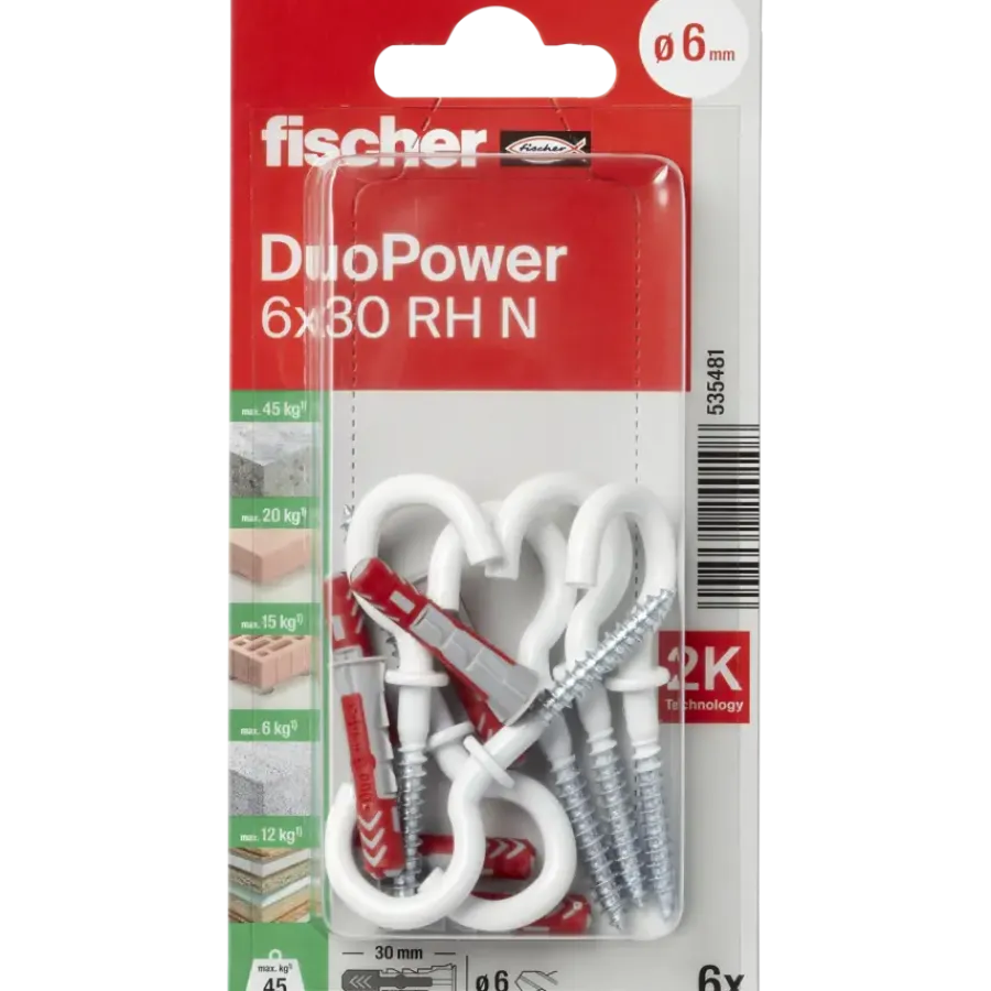 Fischer Universeelplug DuoPower 6x30mm met witte schroefhaak 6 stuks