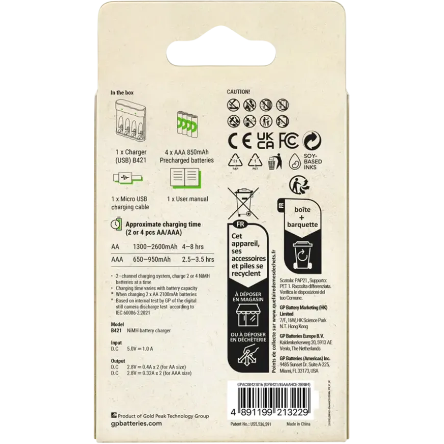 GP Batterijlader 411 + 4x oplaadbare batterijen AAA 850mAh ReCyko + Micro USB-lader