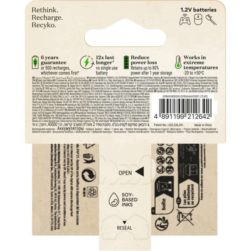 GP Batterij Oplaadbaar AAA NiMH 850mAh ReCyko 1,2V 2 Stuks
