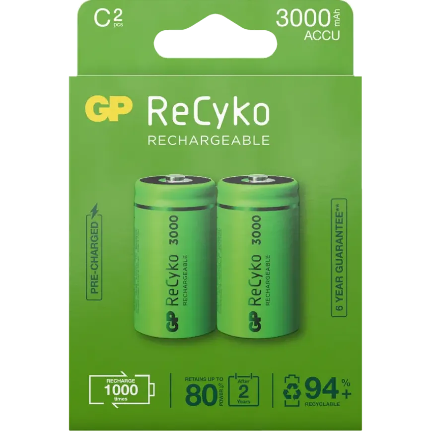 GP Batterij Oplaadbaar C Baby NiMH 3000mAh ReCyko 1,2V 2 Stuks