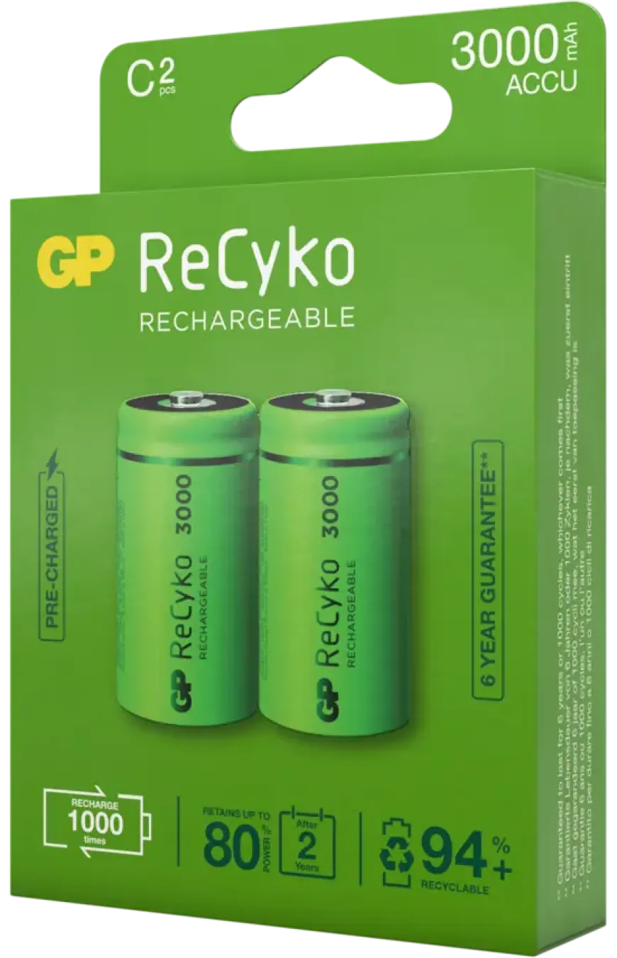 GP Batterij Oplaadbaar C Baby NiMH 3000mAh ReCyko 1,2V 2 Stuks