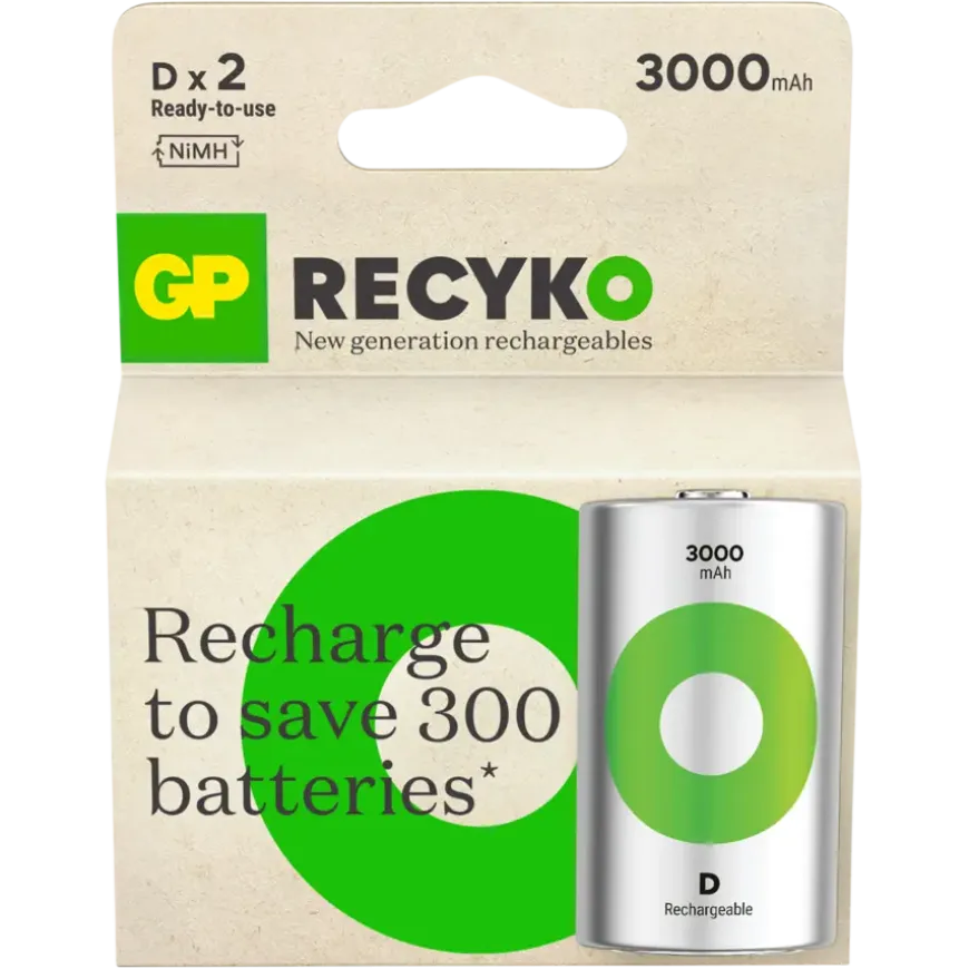 GP Batterij Oplaadbaar D Mono NiMH 3000mAh ReCyko 1,2V 2 Stuks