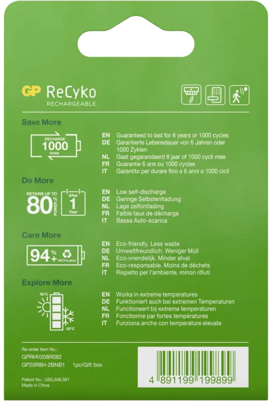 GP Batterij Oplaadbaar 9V NiMH 200mAh ReCyko 8,4V 1 Stuk