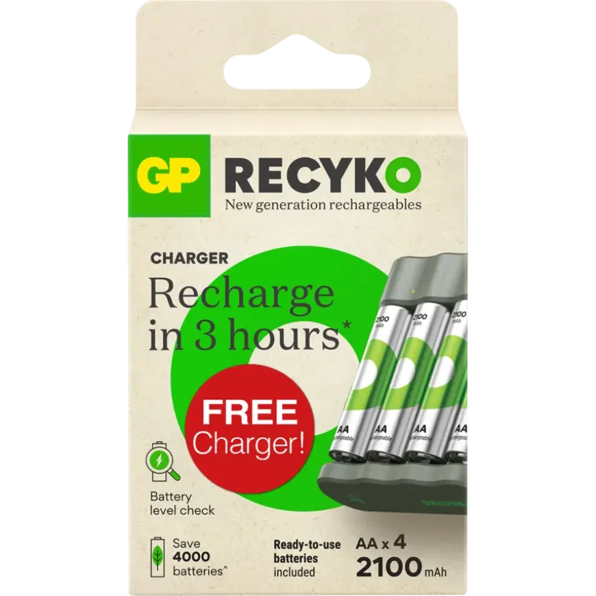 GP ReCyko oplaadbare batterijen AA 2100 mAh 4 stuks + gratis lader