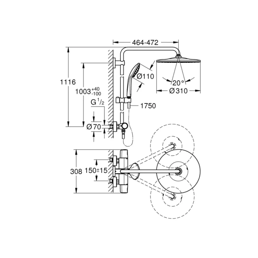 Grohe regendoucheset Quickfix Vitalio Joy XXL - hoofddouche 31 cm - met handdouche en thermostaatkraan 3 standen chroom - hartafstand kraan 15 cm
