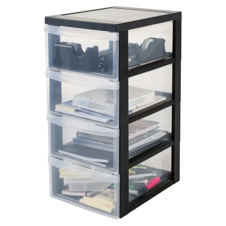 Iris Design Chest ladekast - 4 half diepe lades - 4x 11L - Kunststof - Zwart/Transparant - Met Wielen