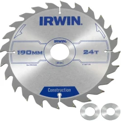 Irwin cirkelzaagblad Ø190 mm. Inclusief reduceerringen waardoor geschikt voor asgat 16, 20 en 30 mm, vertanding 24T