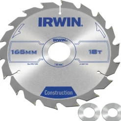 Irwin cirkelzaagblad Ø165 mm. Inclusief reduceerringen waardoor geschikt voor asgat 16, 20 en 30 mm, vertanding 18T