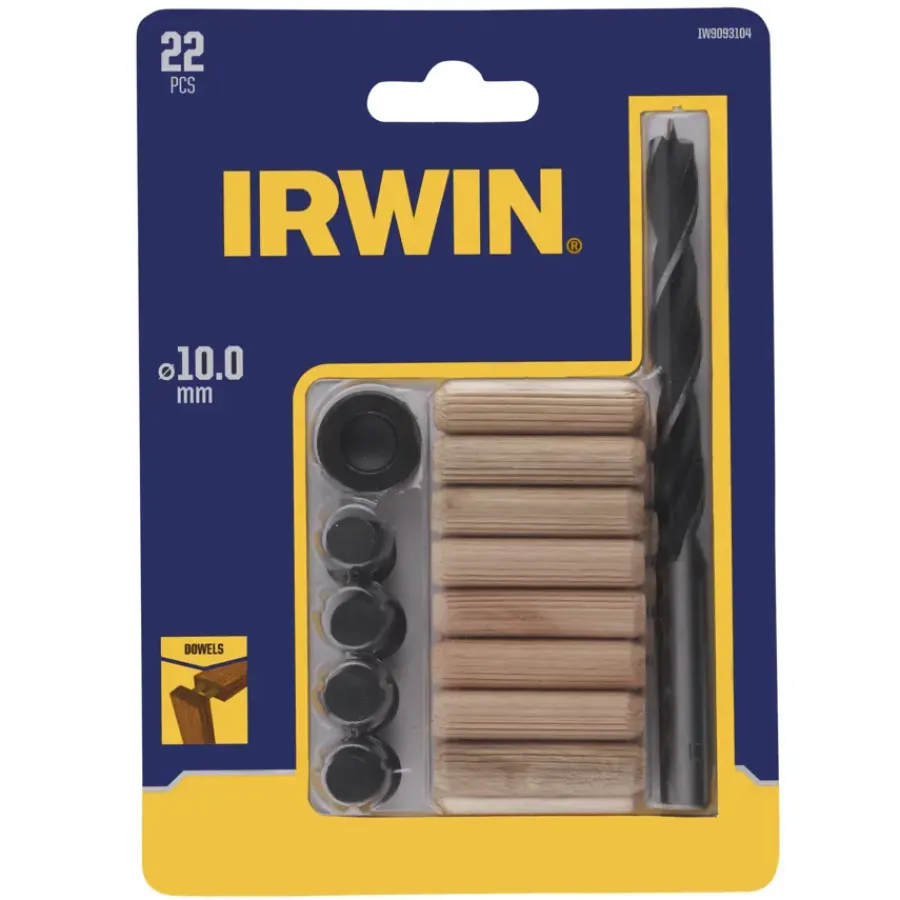 IRWIN deuvelset Ø10 mm bestaande uit 16 houten deuvels, 1 houtspiraalboor met dieptestop en centreerpunten.
