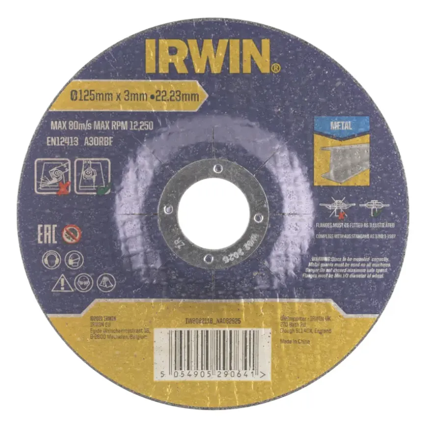 Irwin doorslijpschijf Ø125 mm. Dikte 3 mm. Voor metaal.