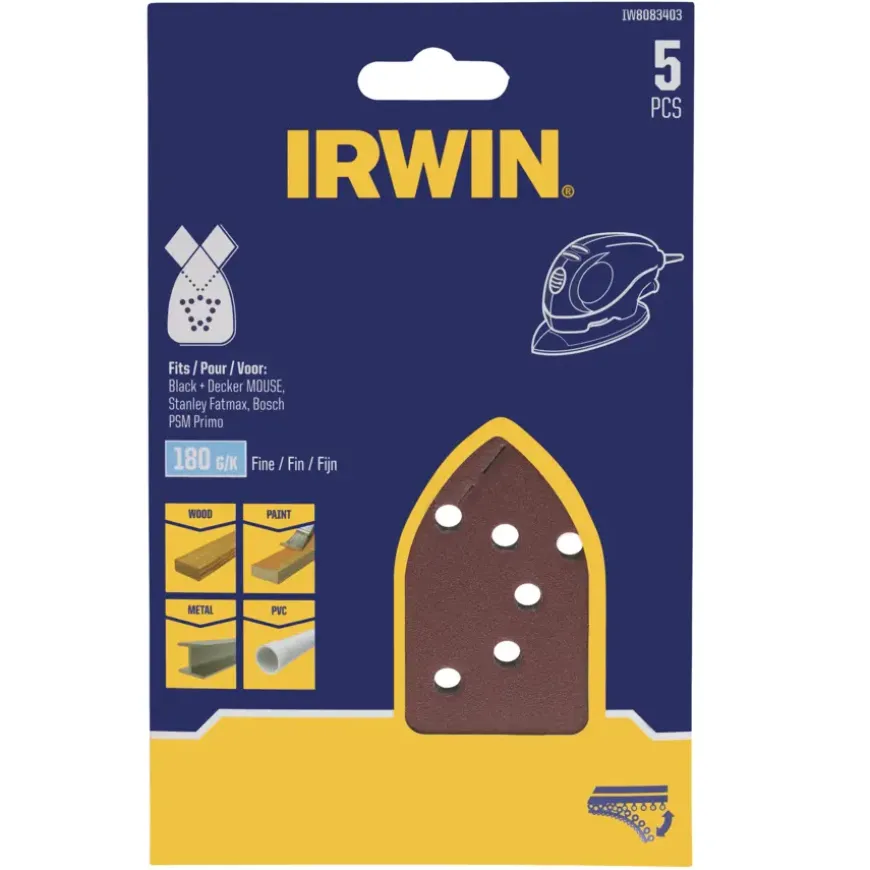 Irwin schuurvel voor Bosch Primo en B+D Mouse zelfklevend K180, 5 stuks