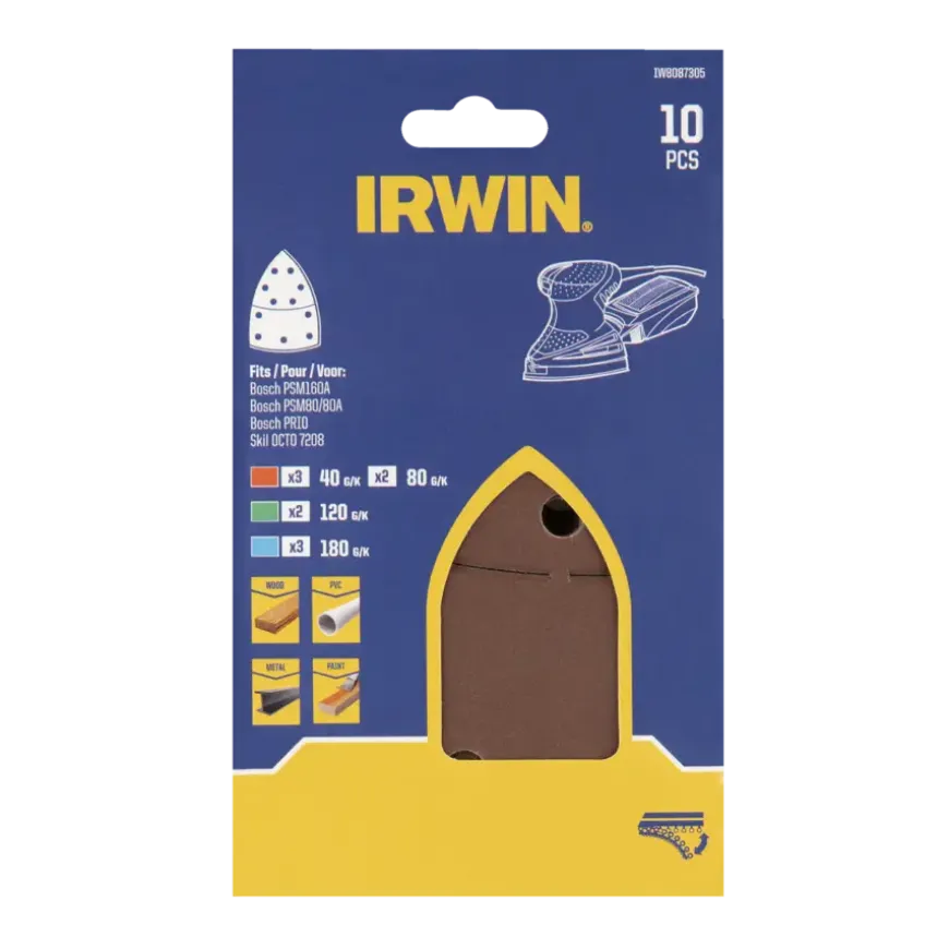 Irwin schuurvel voor multischuurmachines Bosch PSM, Skil, Lux, Metabo, zelfklevend K40/K80/K120/K180, 10 stuks
