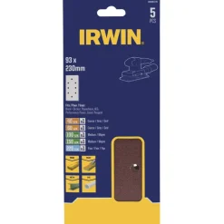 Irwin schuurvel 230 x 93 mm K40/K60/K100/K150/K220 voor klembevestiging, met perforatie voor B+D, 5 stuks.