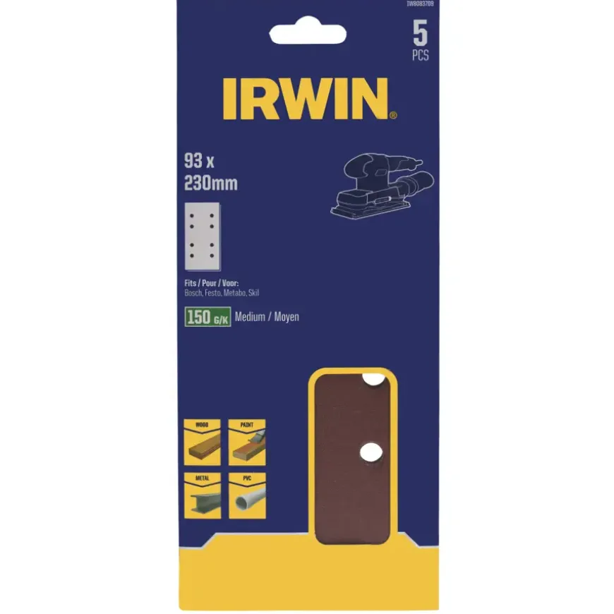 Irwin schuurvel 230 x 93 mm K150 voor klembevestiging, met perforatie voor Bosch, Skil, Gamma, Makita, Metabo, 5 stuks.