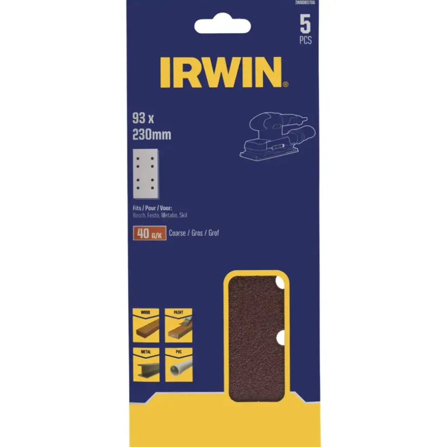 Irwin schuurvel 230 x 93 mm K40 voor klembevestiging, met perforatie voor Bosch, Skil, Gamma, Makita, Metabo, 5 stuks.