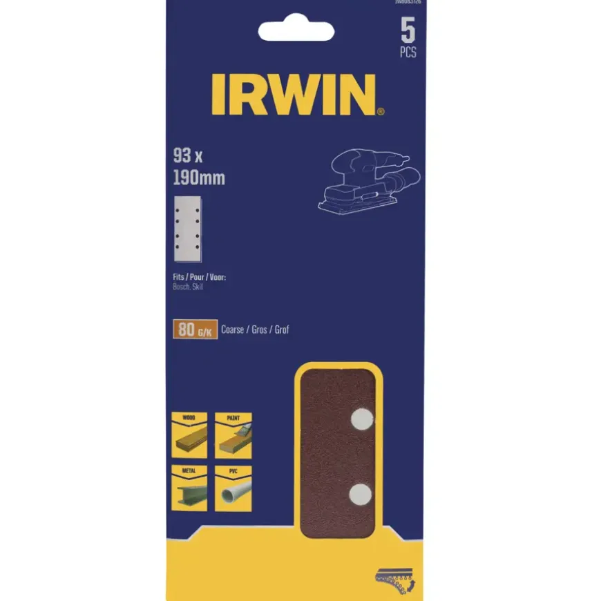 Irwin schuurvel 190 x 93 mm K80 zelfhechtend, met perforatie voor Bosch, Skil, Gamma, Makita, Metabo, 5 stuks.