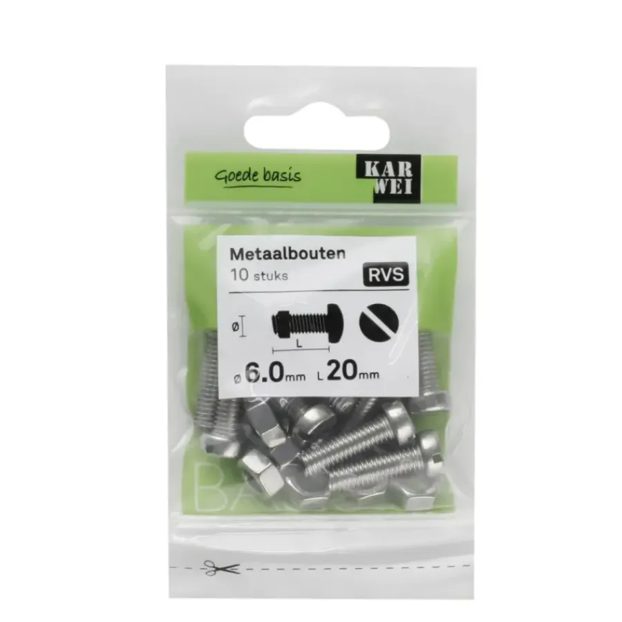 KARWEI metaalbout RVS 6x20 mm 10 stuks