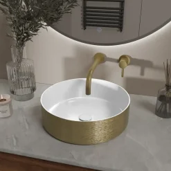 Marho Arden waskom rond glans wit/geborsteld goud 36 x 36 x 12 cm