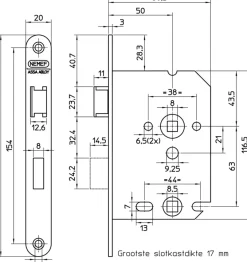 NEMEF 1200 serie insteekslot badkamerslot/wc-slot met rvs voorplaat Doorn 50mm PC 63mm
