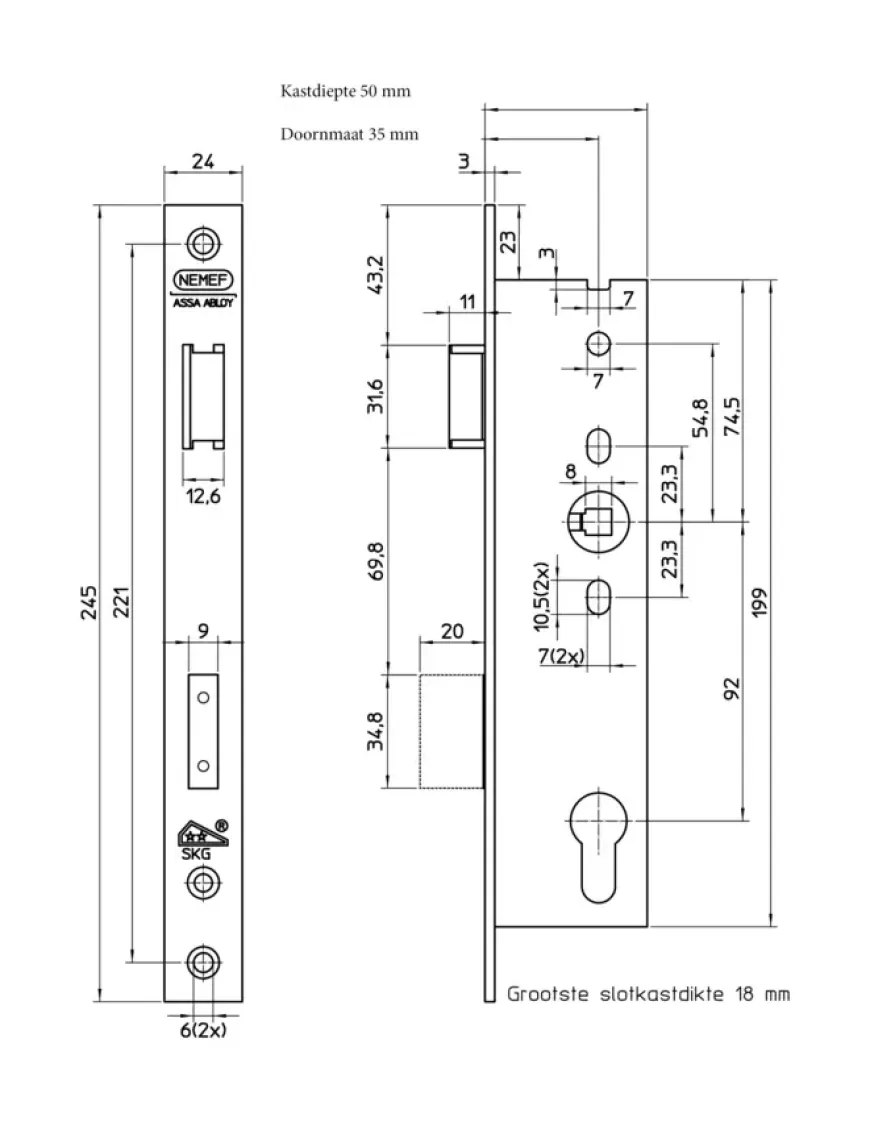 NEMEF Veiligheidssmaldeurslot Gelakt SKG 2-sterren Doorn 35mm PC 92mm