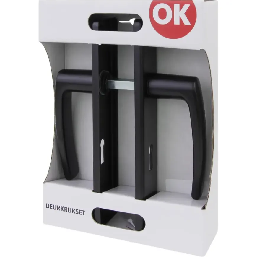 OK deurkruk set Blok recht schild sleutelgat 56 mm zwart aluminium