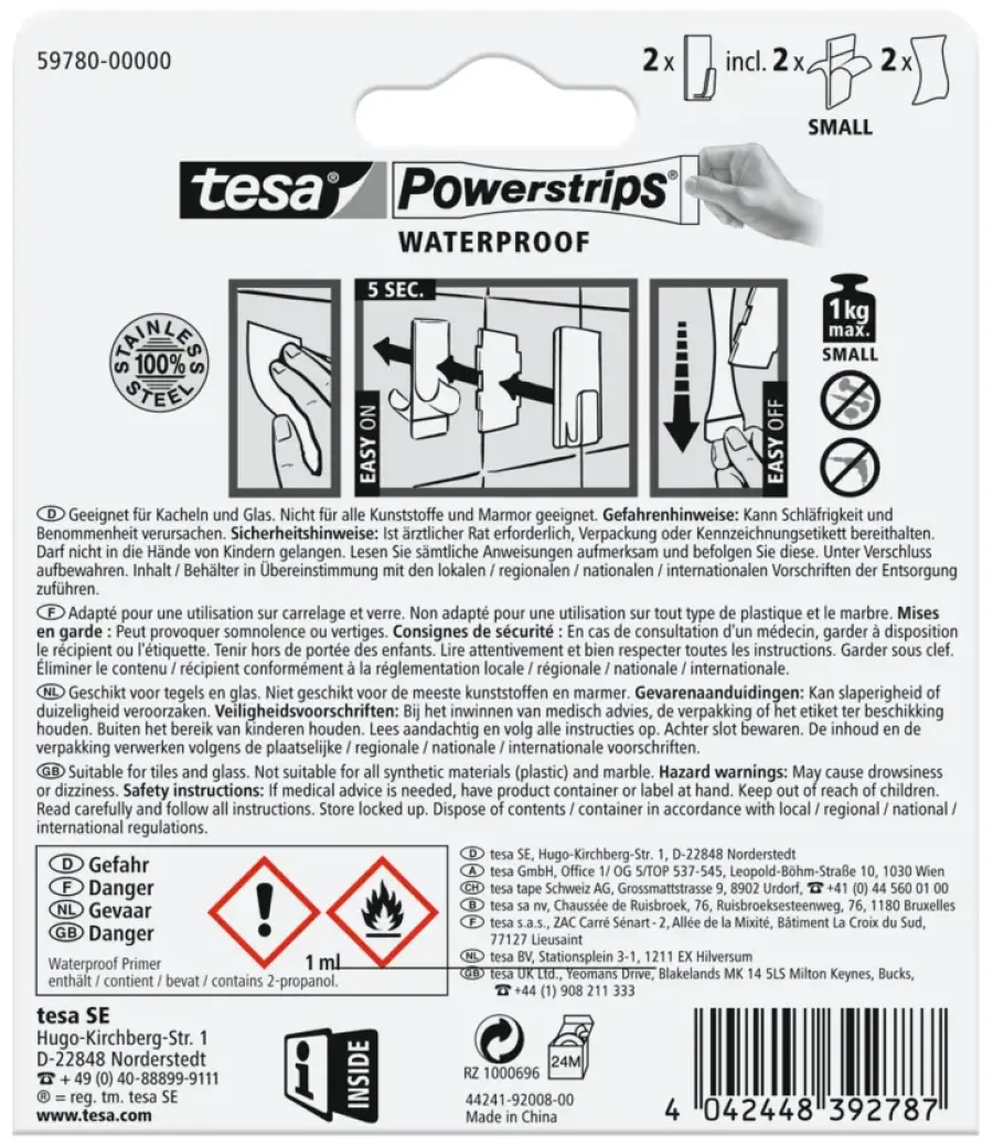 Tesa Haak Powerstrip rechthoekig S Metaal - 2 stuks