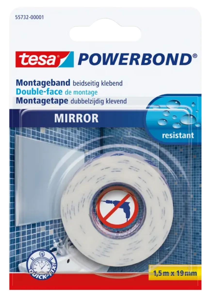 Tesa Powerbond dubbelzijdig montagetape spiegels wit 19 mm x 1,5 m