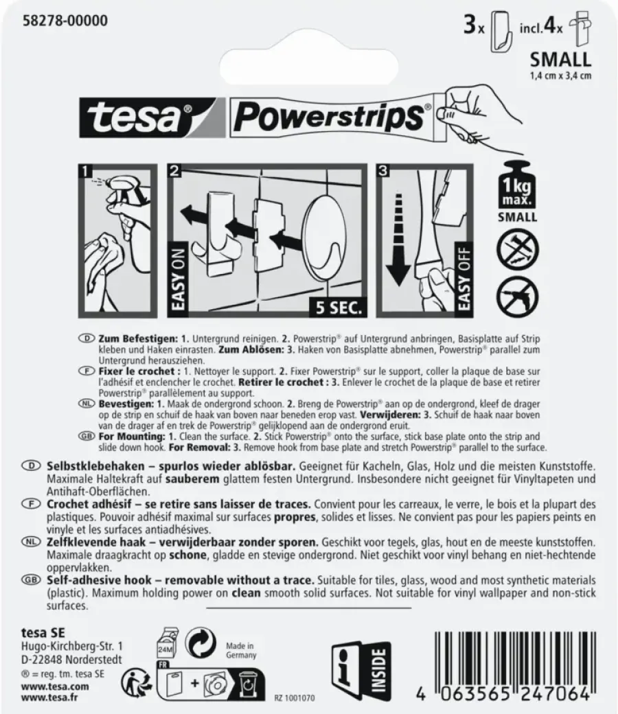 Tesa Powerstrips haken Small rechthoekig - draagkracht tot 1 kg - 3 stuks