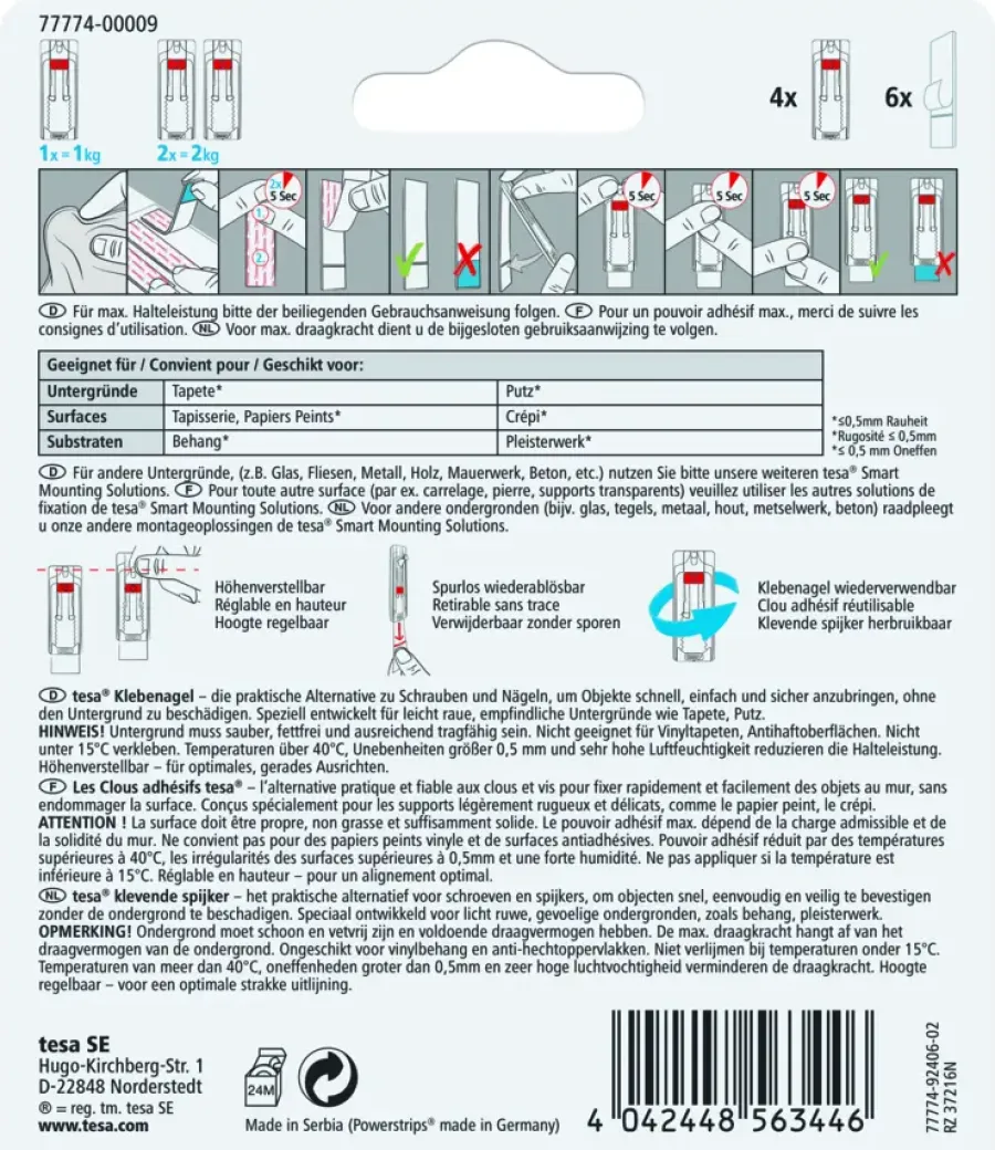 Tesa Powerstrips klevende spijker verstelbaar draagkracht 1 kg 4 stuks