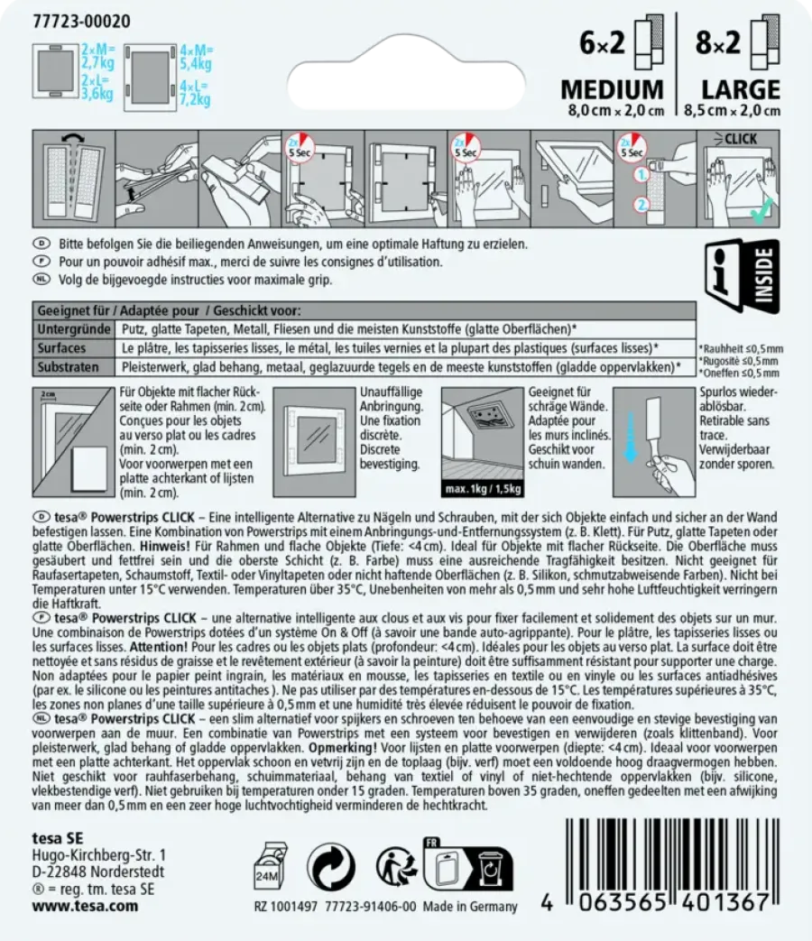 Tesa Powerstrips zelfklevende strip Click Combo 6x2 stuks Medium & 8x2 stuks Large