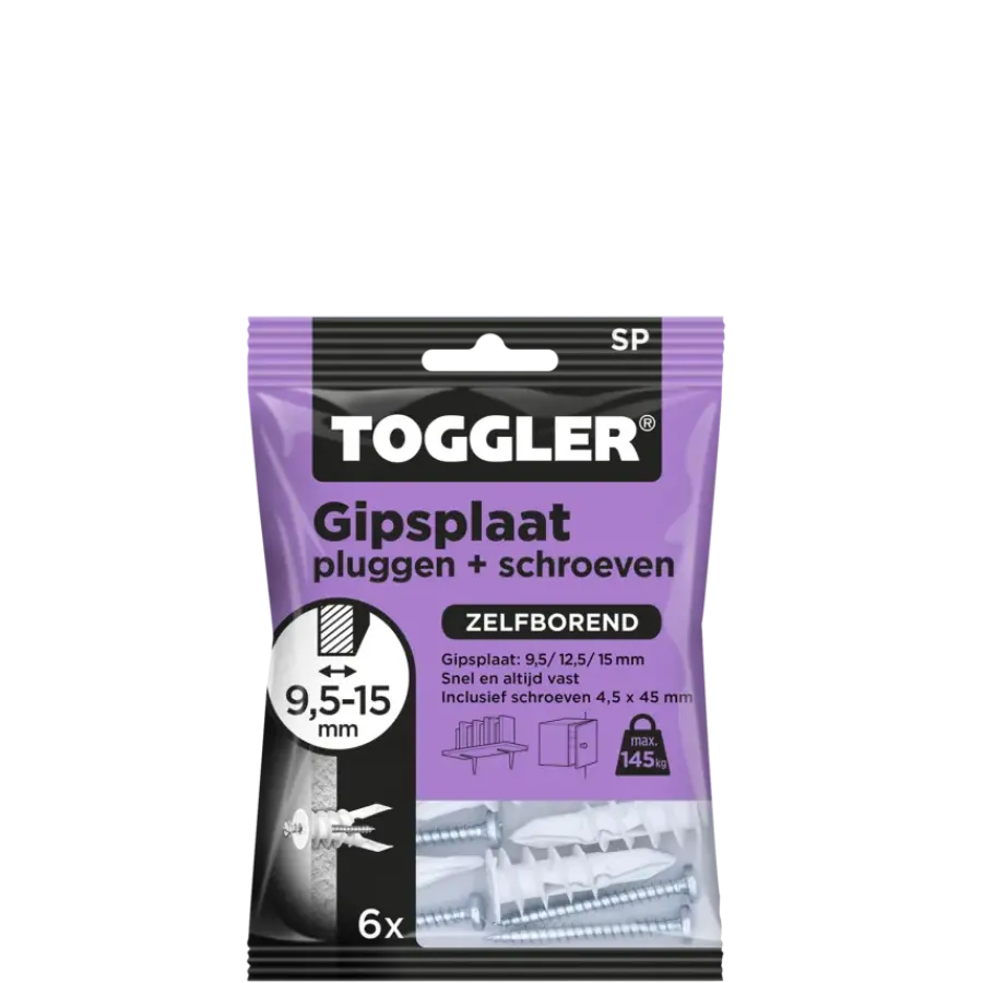 Toggler gipsplaatplug SP 9.5-15 mm met schroeven 6 stuks